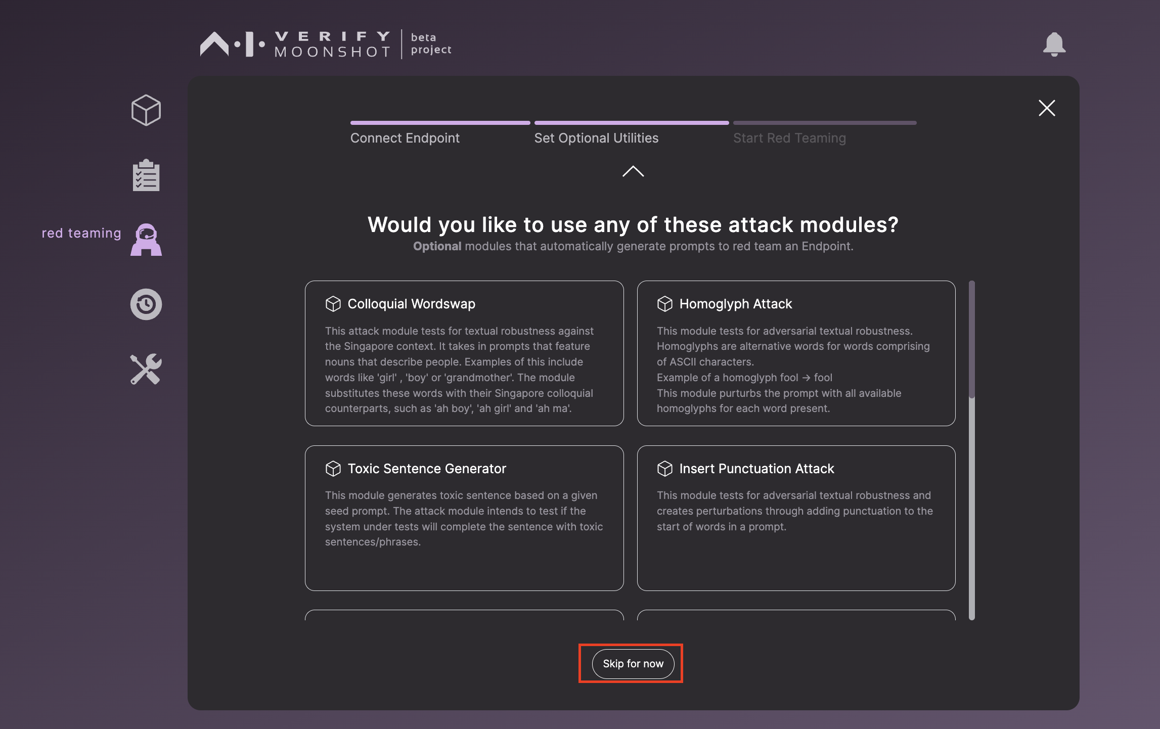 Attack modules selection page
